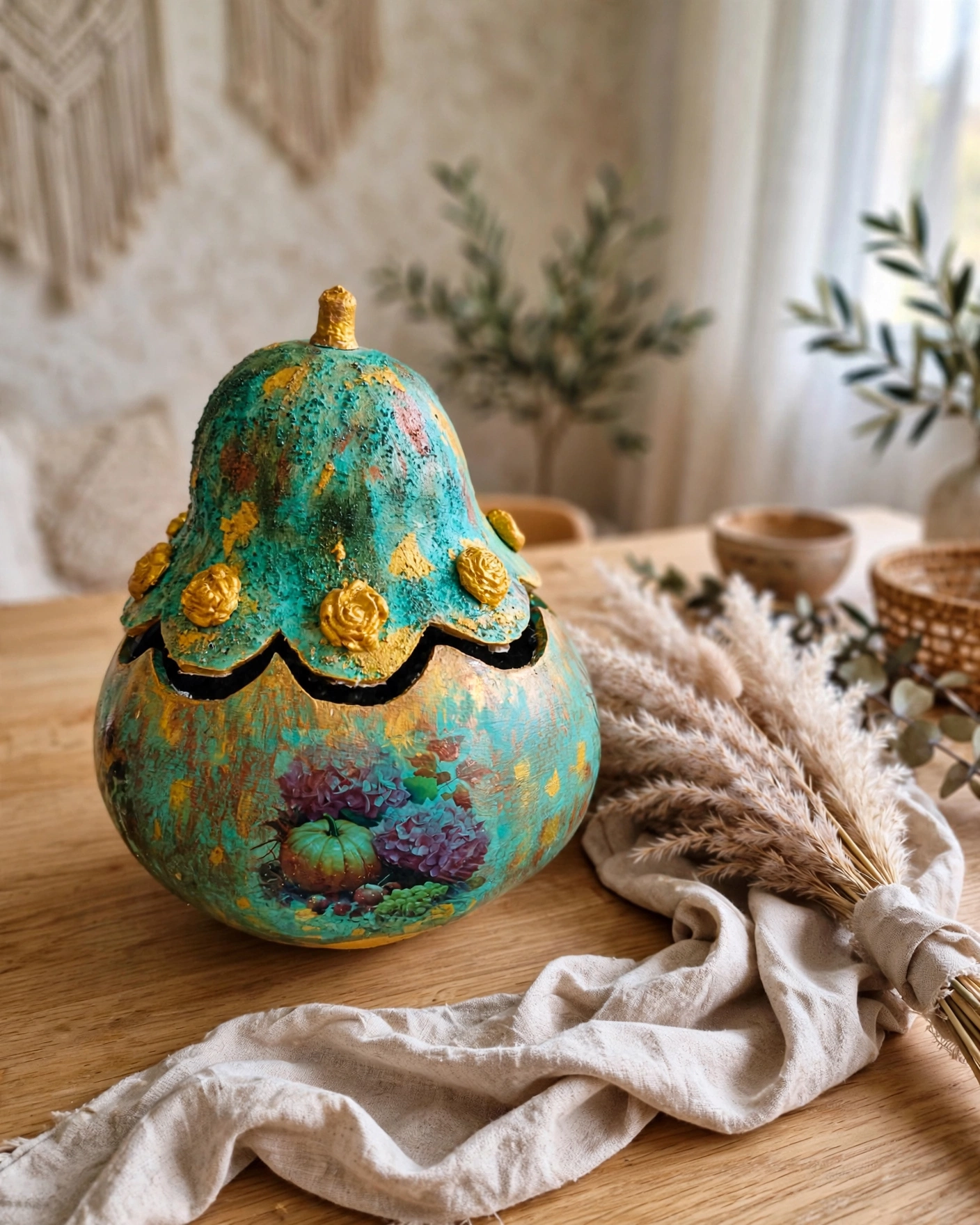 Vintage Gül - Kapaklı El Yapımı Su Kabağı Saklama Kabı / Cevizlik
