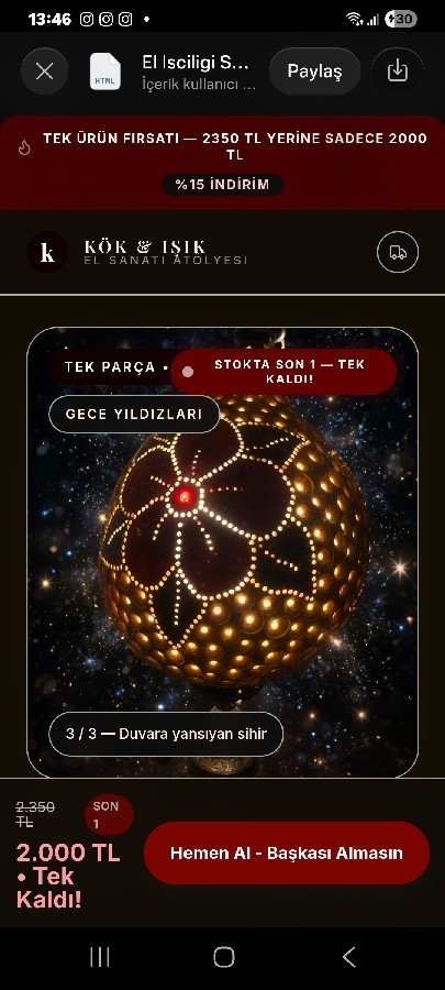 Gece Yıldızları - El İşçiliği Su Kabağı Abajur Lamba - Tek Parça