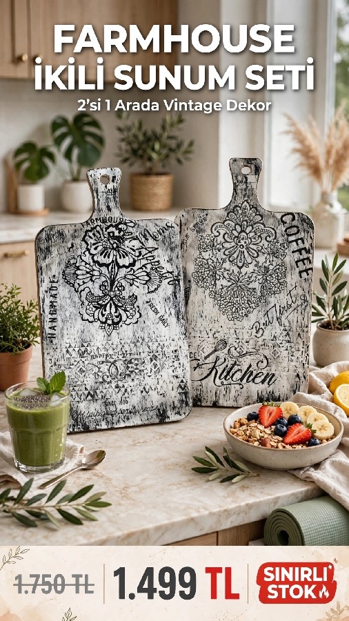 Farmhouse İkili Vintage Sunum ve Dekor Tahta Seti – Happy Place & Kitchen