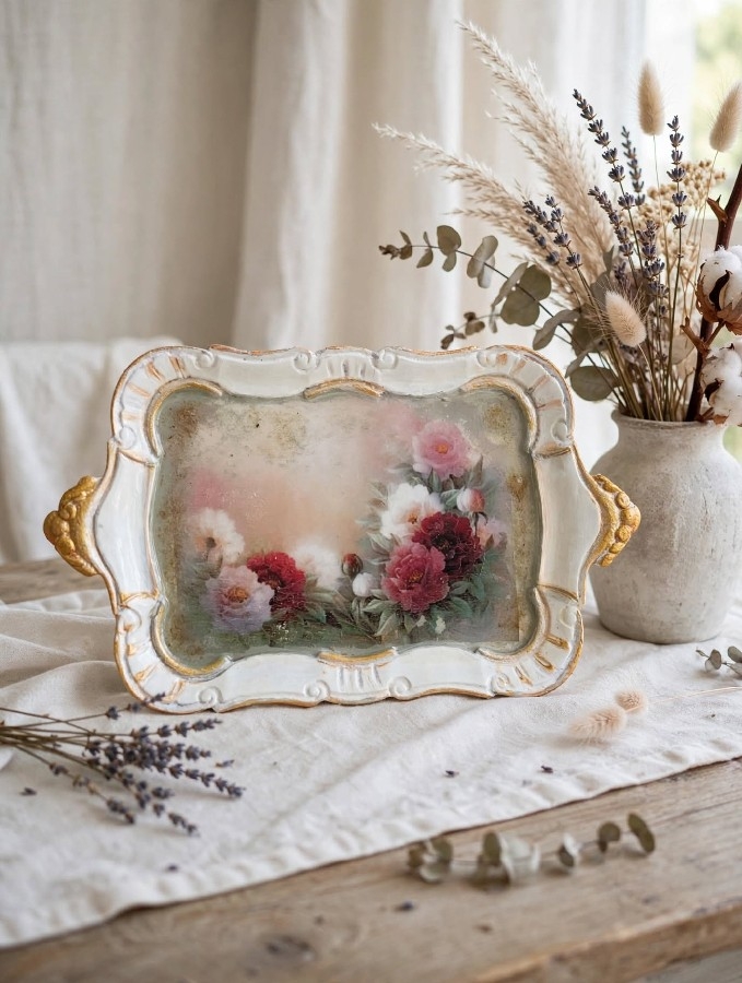 Rosalie - Vintage Şakayık Dekoratif Tepsi