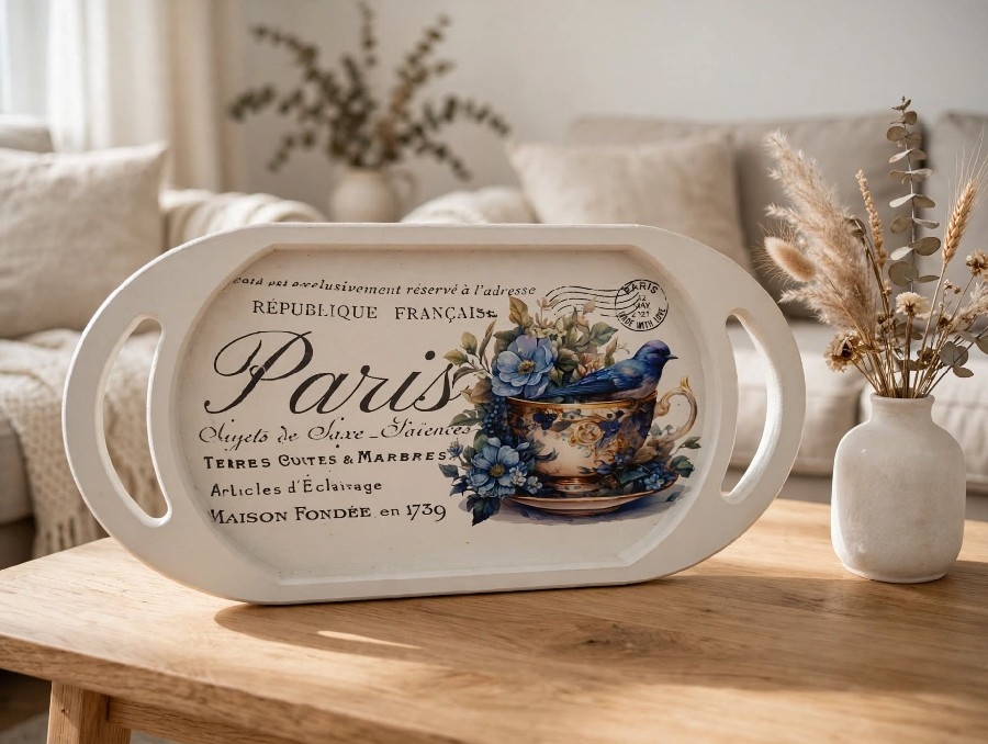 Bonheur de Paris - Mavi Kuşlu Vintage Ahşap Sunum Tepsisi