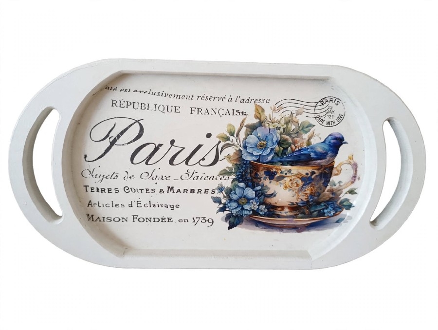 Bonheur de Paris - Mavi Kuşlu Vintage Ahşap Sunum Tepsisi