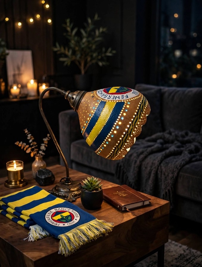 Fenerbahçe Lisanslı Desen Su Kabağı Abajur Masa Lambası - Sarı Lacivert El Yapımı Taraftar Lambası